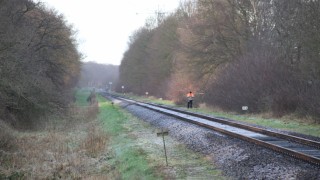 Trein rijdt over takken op het spoor tussen Markelo en Lochem